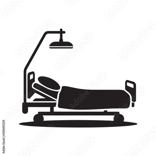 A hospital bed with a patient lying in it, ready for medical treatment and recovery