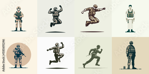illustration set of soldier cartoon characters