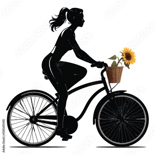 Silhouette of a woman with a ponytail riding a bicycle with a sunflower in a basket on the handlebars