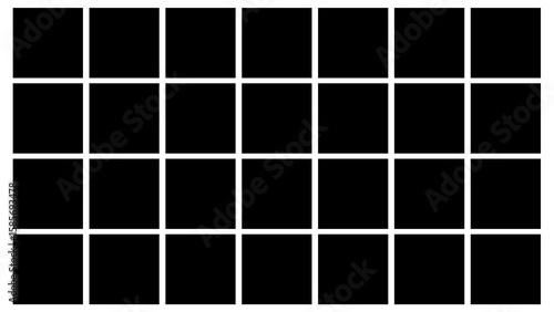 Minimalist black square tiles arranged in a clean grid pattern on white background. Ideal for abstract design, modern layouts, or digital backgrounds.