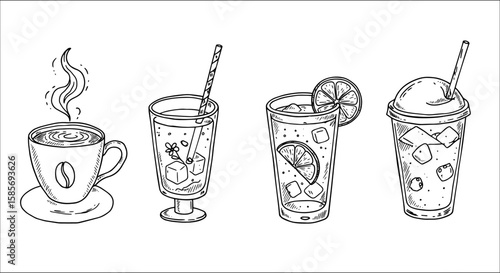 Hand-Drawn Collection of Diverse Beverages: Steaming Coffee Cup, Iced Lemonade, Fruit Juice with Straw, and Cold Drink with Dome Lid in Outline Sketch Style.