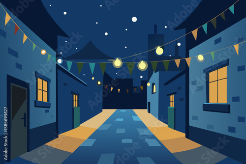 quiet village alley glowing with fairy lights 