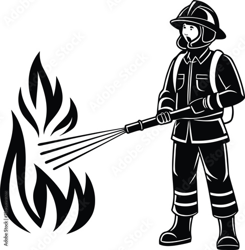 A brave firefighter wearing protective gear and helmet extinguishes a blazing fire with a hose spraying water depicted in a bold black and white graphic style isolated on transparent background