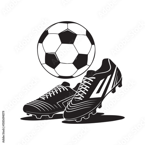 A pair of black soccer cleats and a soccer ball are depicted in a graphic illustration, isolated on a white background