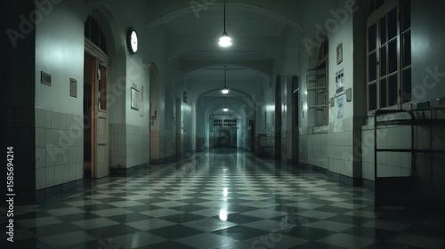 High-quality photo of high-quality photo of hall in a mental asylum on a dark night.