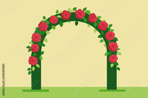 rose covered arch on edge of formal lawn garden  