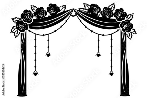 rose draped wedding arch with hanging lights  fore 
