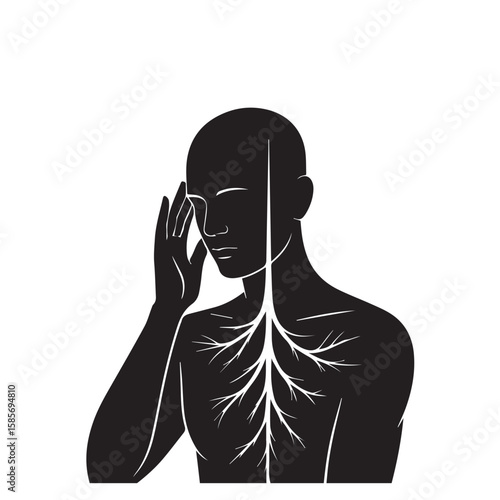 A silhouette of a person holding their head in pain, with internal lines representing nerves or veins, isolated on a white background