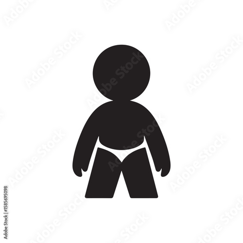 A simple black silhouette of a person in a diaper, isolated on a plain white background