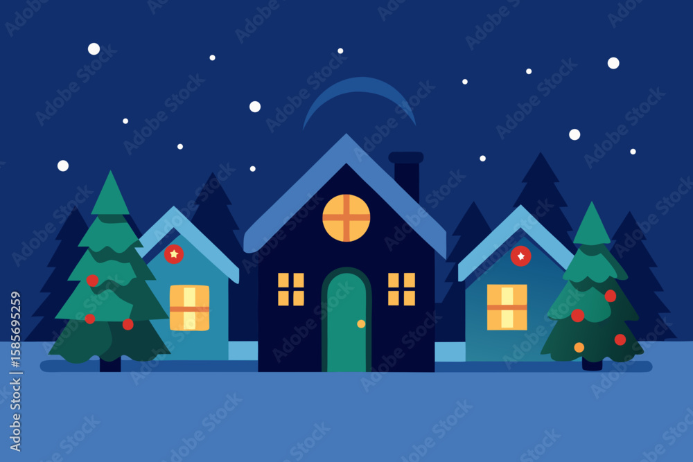 Fototapeta premium snow covered homes with wreaths and glowing window 