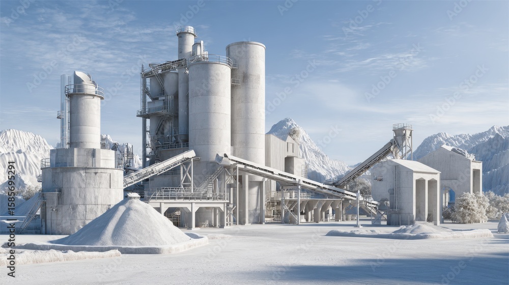Obraz premium Concrete production plant with conveyor belts, silos, and heavy dust particles