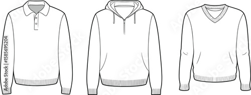 Flat technical sketch of men's polo sweatshirt, hoodie and v-neck sweater, fashion vector drawing, apparel design, clothing template