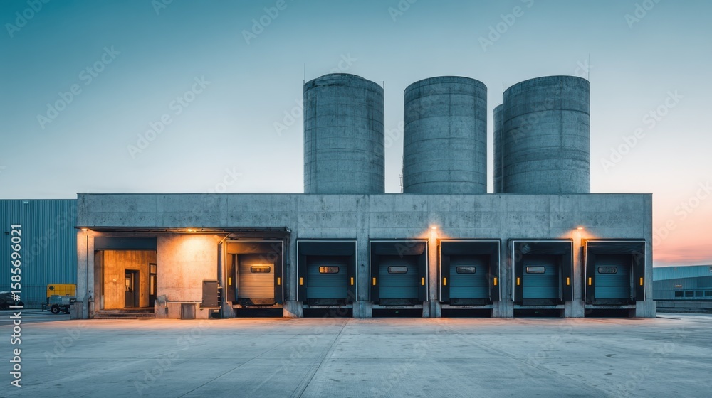 Obraz premium Exterior of modern factory building with large silos and loading docks