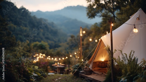 Cozy Glamping Tent at Dusk in Forest Setting. High-resolution, realistic editorial-style composition