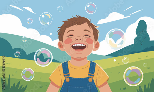 Joyful Cartoon Boy Laughing and Playing with Soap Bubbles in a Sunny Green Landscape, Childhood Happiness Illustration