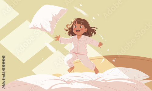 Pillow Fight Fun: A Child's Joyful Bedroom Moment