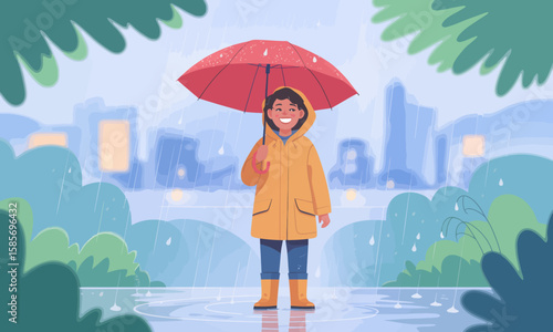 Rainy Day Joy: A Child's Cheerful Walk in the City