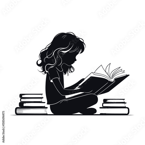 Black and White Vector Illustration of a Child Learning, Focused on a Book While Seated Outdoors