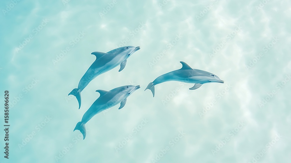 Obraz premium Three playful dolphins swimming together in clear turquoise ocean water
