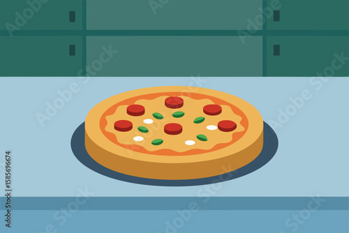 vegetarian pizza on stone plate with blurred kitch
