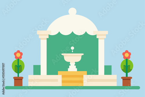 wedding altar beside a park fountain with floral 