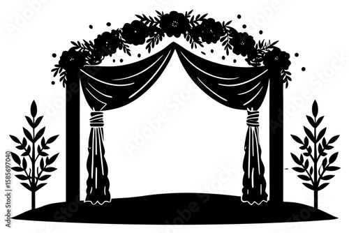 wedding altar in scenic clearing with wooden beams.svg