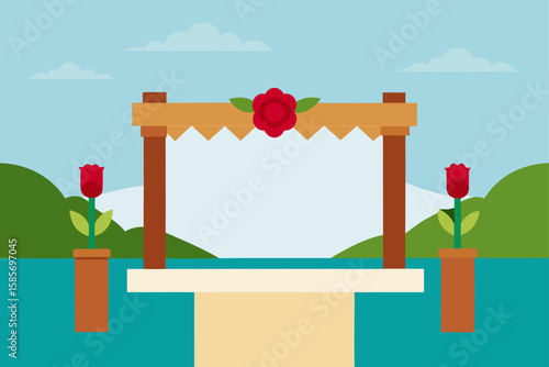 wedding altar on riverbank with roses and wooden