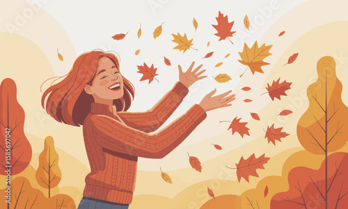 A smiling woman with red hair joyfully throws autumn leaves into the air in an orange and yellow toned landscape.