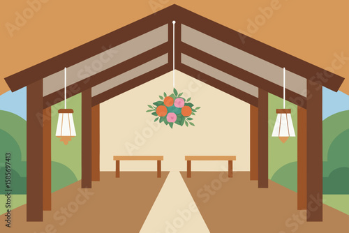 wedding venue with wooden beams and hanging floral 