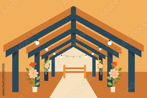 wedding venue with wooden beams and hanging 