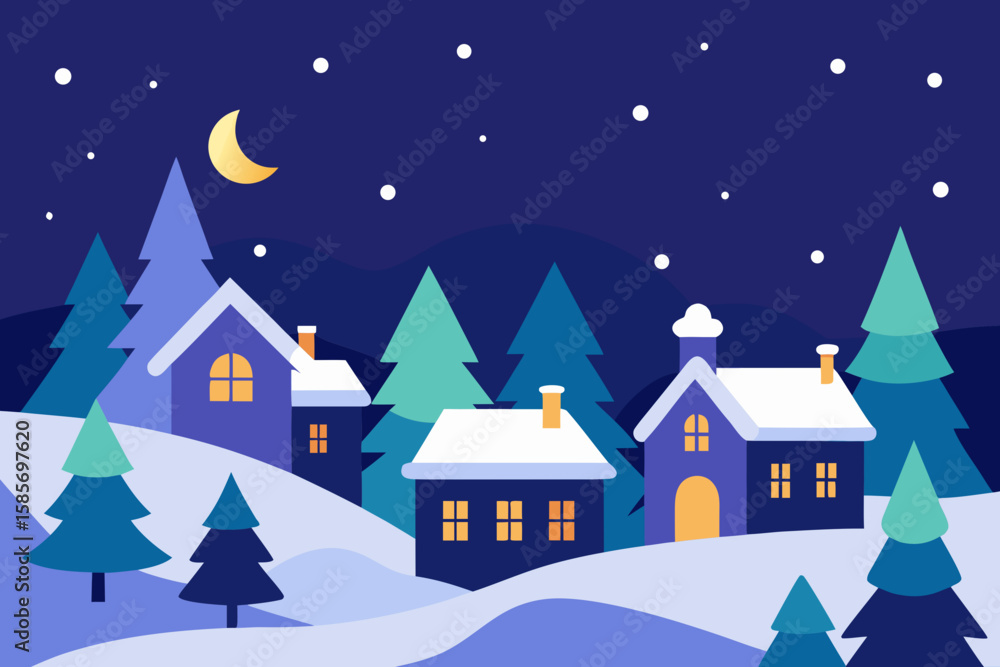 Fototapeta premium winter night in decorated village snowflakes 