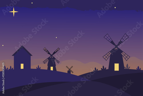 windmill farm at dusk under stars  .svg