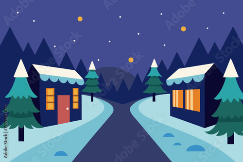 winter village path with glowing shop windows 