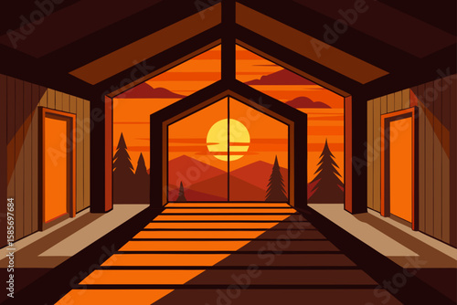 wood accented interiors in sunset glow  .svg