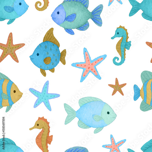 Seamless vector pattern featuring cute tropical fish, seahorses, and starfish in a watercolor cartoon style. Perfect for children s projects, fabrics, summer prints