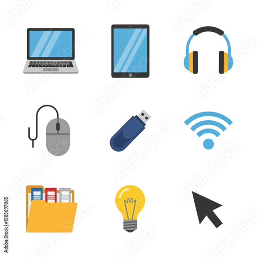 A collection of digital devices and accessories including a laptop, tablet, headphones, mouse, USB drive, WiFi symbol, folder, lightbulb, and cursor.