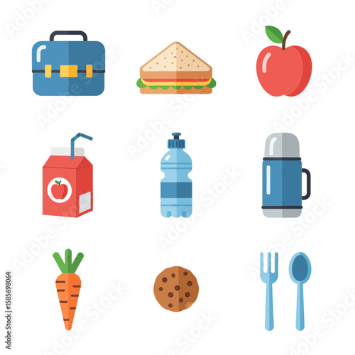 Flat icons depicting various school lunch items, including a lunchbox, sandwich, apple, juice box, water bottle, thermos, carrot, cookie, and cutlery.