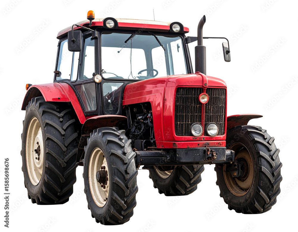 Obraz premium Front-Angled View of Old Red Tractor with Weathered Paint and Headlights, Transparent PNG