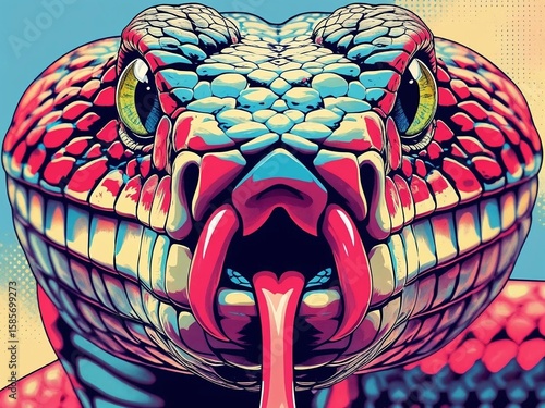 Vibrant Pop Art Snake Head with Forked Tongue and Detailed Scales
