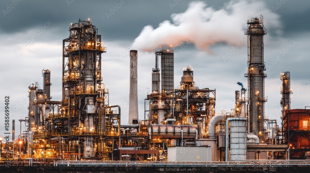 Fototapeta premium Industrial chemical factory with process towers, control lines, and smoke exhaust