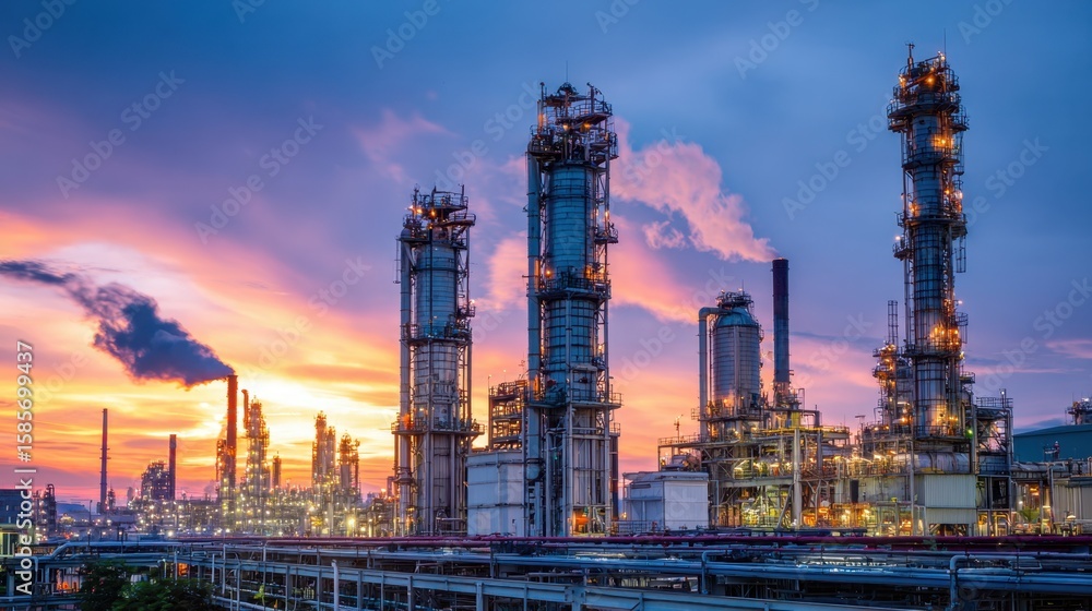 Fototapeta premium Industrial chemical factory with process towers, control lines, and smoke exhaust