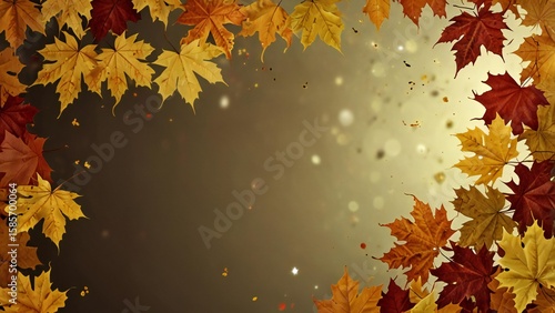 Autumn maple leaves frame with soft bokeh and falling particles