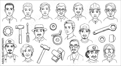 Detailed line art illustration set featuring diverse male and female portraits, alongside various tools like hammers, wrenches, screwdrivers, gears, and metal parts, on a white background.