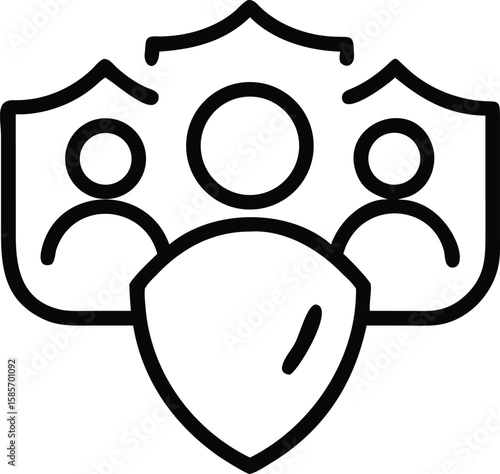 Line art illustration of three figures behind multiple shields
