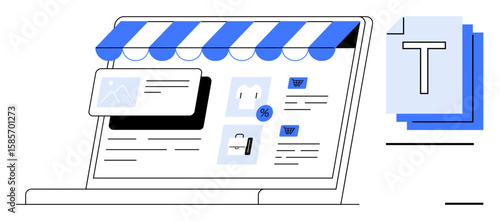Laptop featuring an online storefront setup with product promotions, discount tags, and text documents. Ideal for e-commerce, online shopping, business concepts, product design, web development