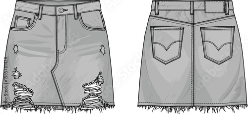 Fashionable distressed denim skirt, front and back view, ripped blue design, vector flat sketch, trendy clothing, cad drawing illustration
