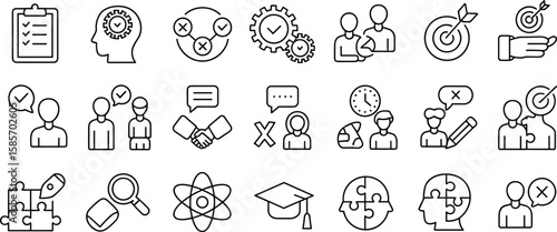 Strategy, problem solving, decision making icons set including goal setting, teamwork, critical thinking, project planning, editable stroke, leadership, analysis