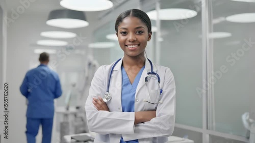 Professional healthcare woman in scrubs, standing at the ready with stethoscope around neck.
