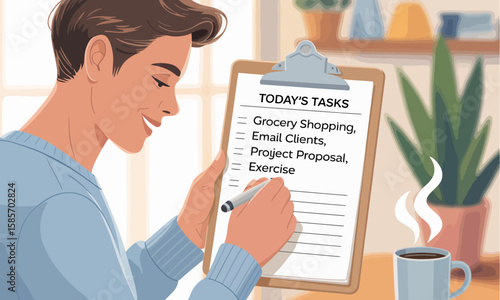 To-Do List Success: Man Planning Daily Tasks at Home