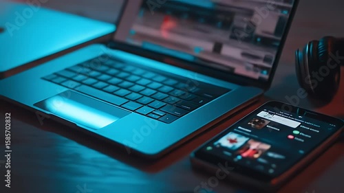 Wallpaper Mural Laptop, phone, and headphones sit on a wooden surface with moody blue lighting Torontodigital.ca